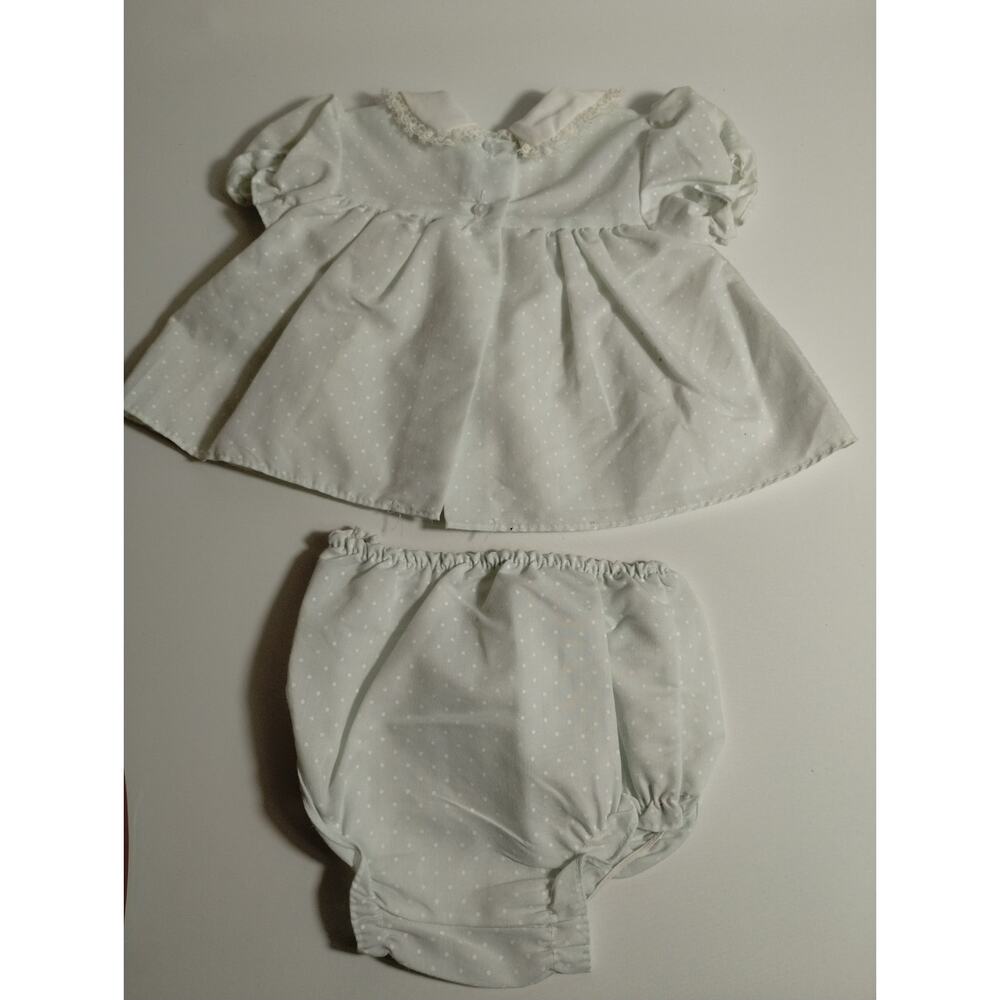Vintage Cutest One 6-9 M Baby Dress & Bloomers Lt Green White Polka Dots & Lace